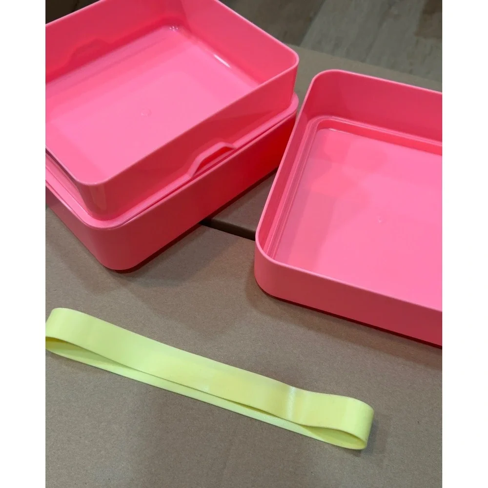 Sun Squad Pink Bento Box Two Tier Kids‎ Lunch Container with Yellow Strap